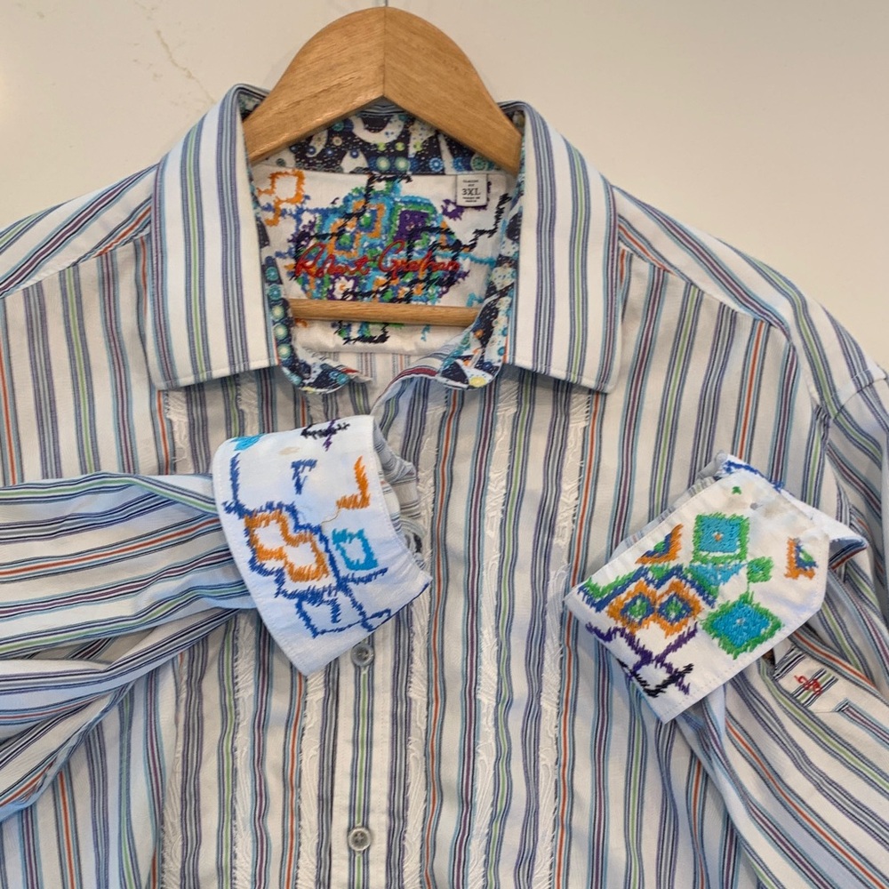 Robert Graham 3XL Men's White Striped Shirt with Embroidered Accents, like new